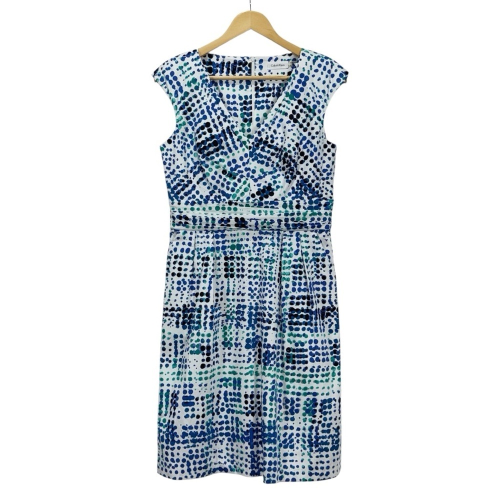 Calvin Klein Blue and Green Watercolor Abstract Midi Dress size 8 women’s